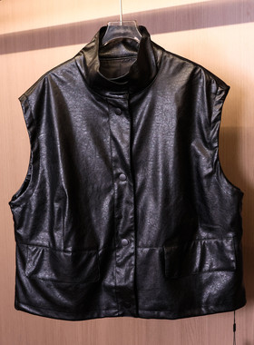 纯色宽松廓形立领外搭无袖坎肩2025秋季新款PU皮背心女装马夹V666