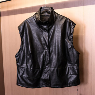 PU皮背心女装 新款 马夹V666 坎肩2025秋季 纯色宽松廓形立领外搭无袖