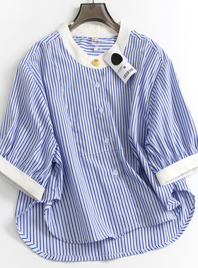 拼色圆领蓝色细条纹宽松显瘦短款小个子显高短袖百搭女衬衫A187