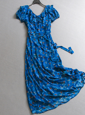 碎花腰部系带显瘦修身荷叶边泡泡袖2025夏季新款a字裙连衣裙C551