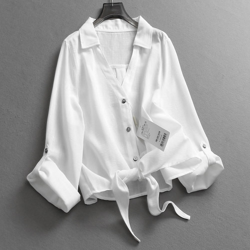 纯色棉麻混纺宽松显瘦扎带女衬衫