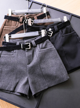 送腰带！纯色高腰宽松A字毛呢短裤打底外穿靴裤阔腿休闲裤女N032