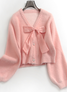 纯色仿水貂绒V领蝴蝶结减龄温柔宽松开衫外套长袖女针织毛衣F177