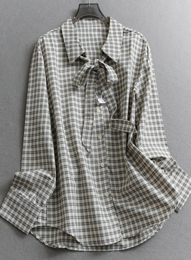 复古格子漂亮飘带宽松显瘦翻领2026春新款长袖百搭休闲女衬衫W604