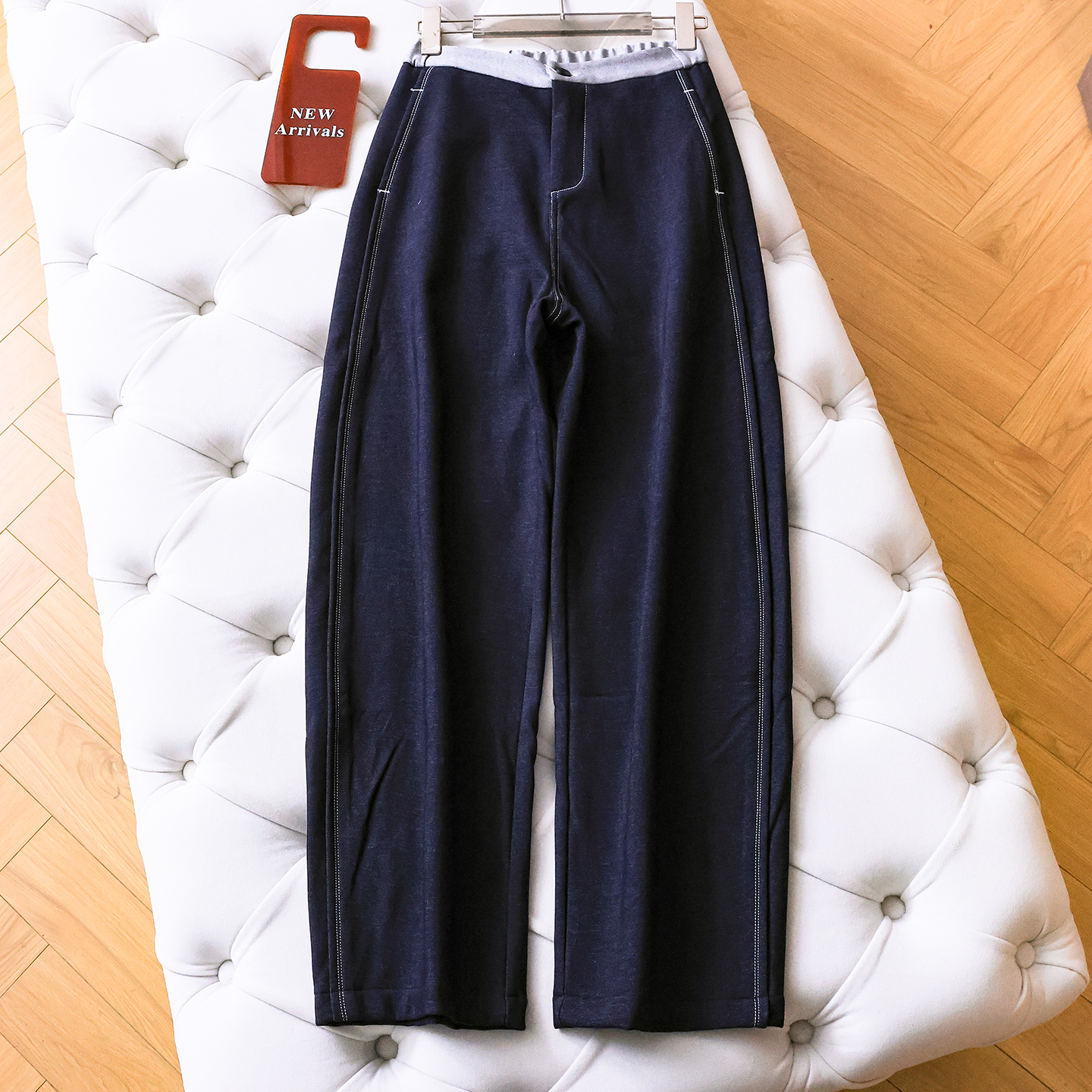 撞色腰头半松紧腰加绒宽松休闲裤