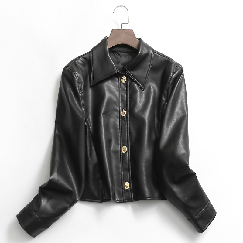 t167纯色显瘦翻领单排扣气质机车服外套秋冬新款2022长袖女短皮衣
