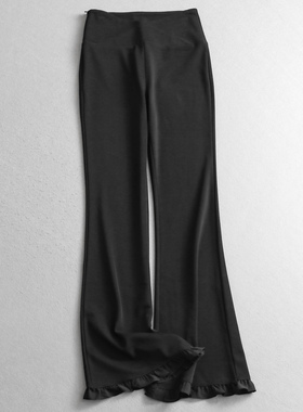 黑色显瘦高腰交叠设计感木耳花边微喇裤2025秋季新款女休闲裤V277