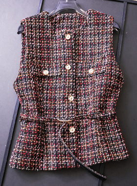 彩色编织粗花呢系腰带收腰显瘦圆领小香风无袖坎肩背心女马夹N910