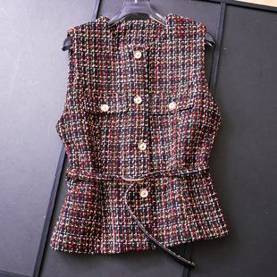 彩色编织粗花呢系腰带收腰显瘦圆领小香风无袖 坎肩背心女马夹N910