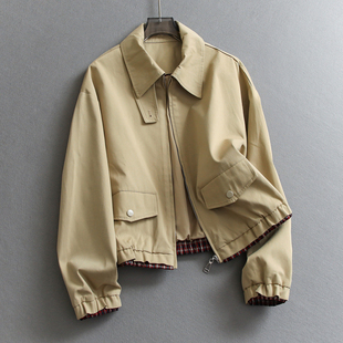 夹克风衣E127 女装 显瘦遮肉撞色格纹拼接松紧下摆翻领工装 外套长袖