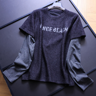 打底女T恤B331 圆领长袖 复古拼接假两件宽松显瘦字母2025秋季 新款