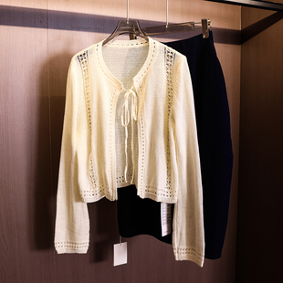 外搭上衣女针织衫 纯色镂空短款 V730 长袖 新款 系带开衫 外套2025秋季