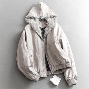 「情侣款 女棉衣棉服M335 」座山雕纯色宽松毛茸茸连帽加厚外套长袖