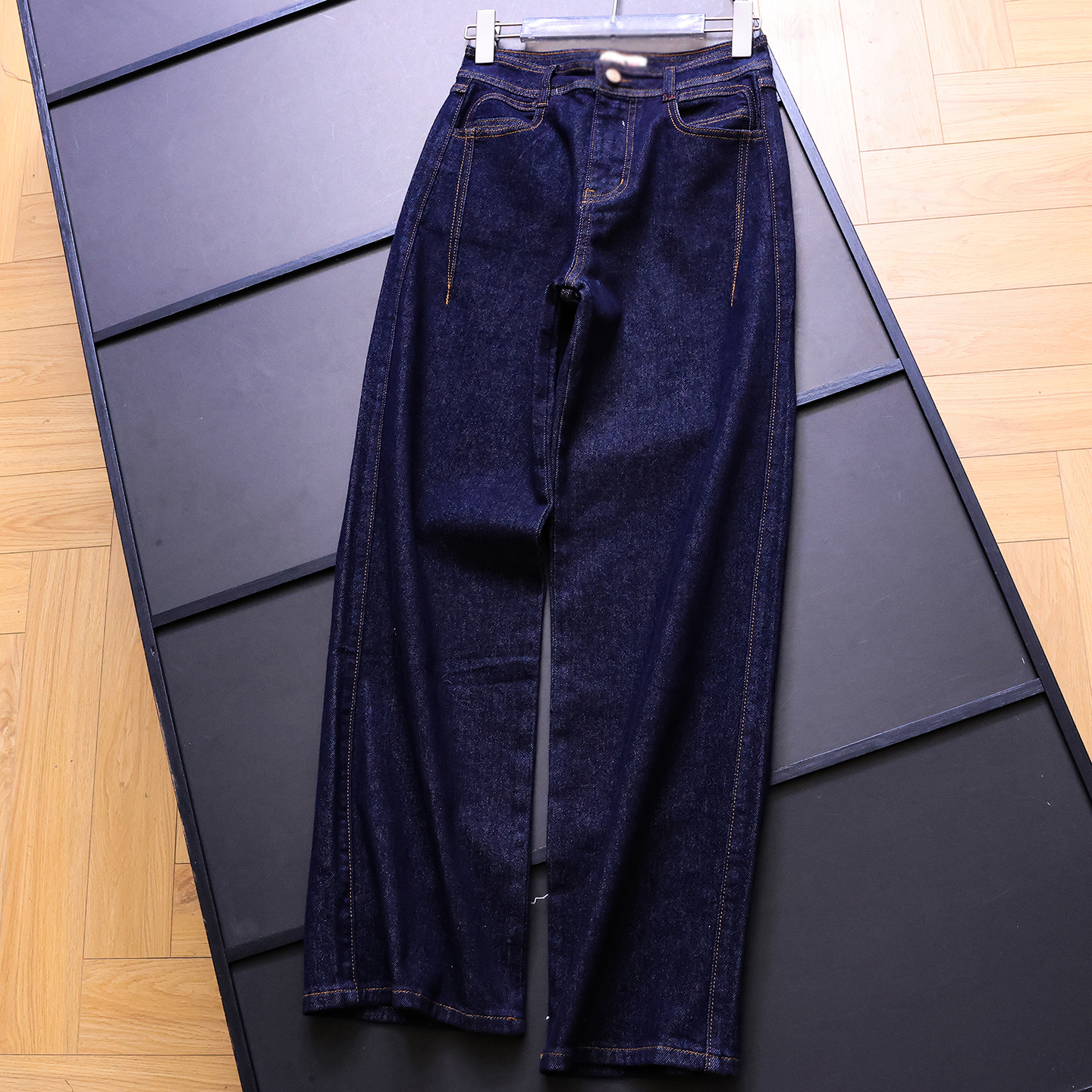 丹宁蓝高腰显瘦宽松直筒裤牛仔裤