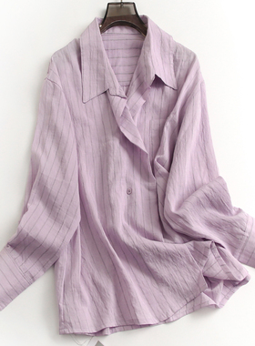 条纹贴袋开襟气质老钱风翻领宽松显瘦秋季新款长袖女衬衫衬衣D718