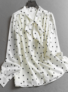 撞色波点V领飘带优雅气质显瘦2025秋季新款长袖百搭女装衬衫V641