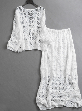 纯色镂空外搭罩衫V领长袖蕾丝衫一整套穿搭半身裙女两件套装K791