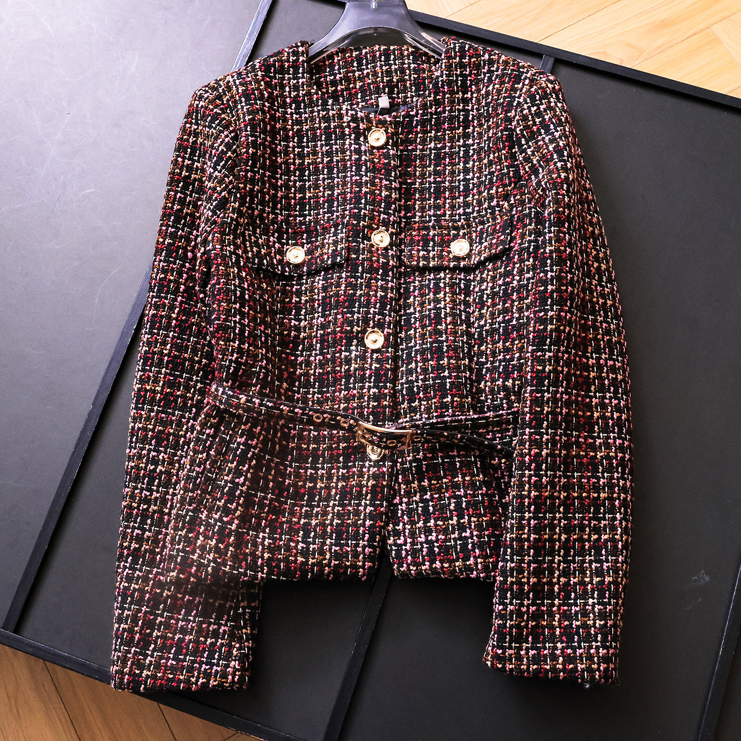 千金小香风圆领粗花呢撞色女外套