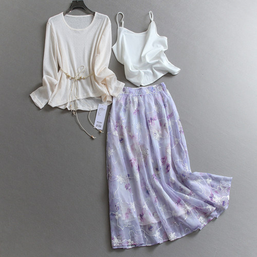 长袖针织衫吊带雪纺半身裙套装