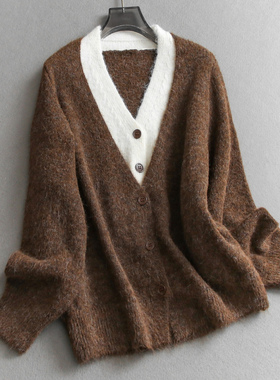 慵懒撞色拼接假两件V领宽松长袖毛衣软糯针织开衫外套女毛衫M842