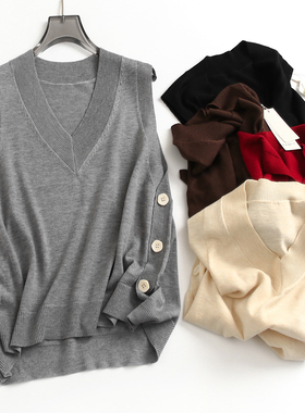 纯色侧边纽扣宽松复古V领外搭软糯无袖针织背心毛衣坎肩马夹F122