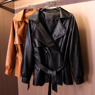 休闲pu外套女装 新款 皮衣V656 2025秋季 纯色系带收腰显瘦翻领插肩袖