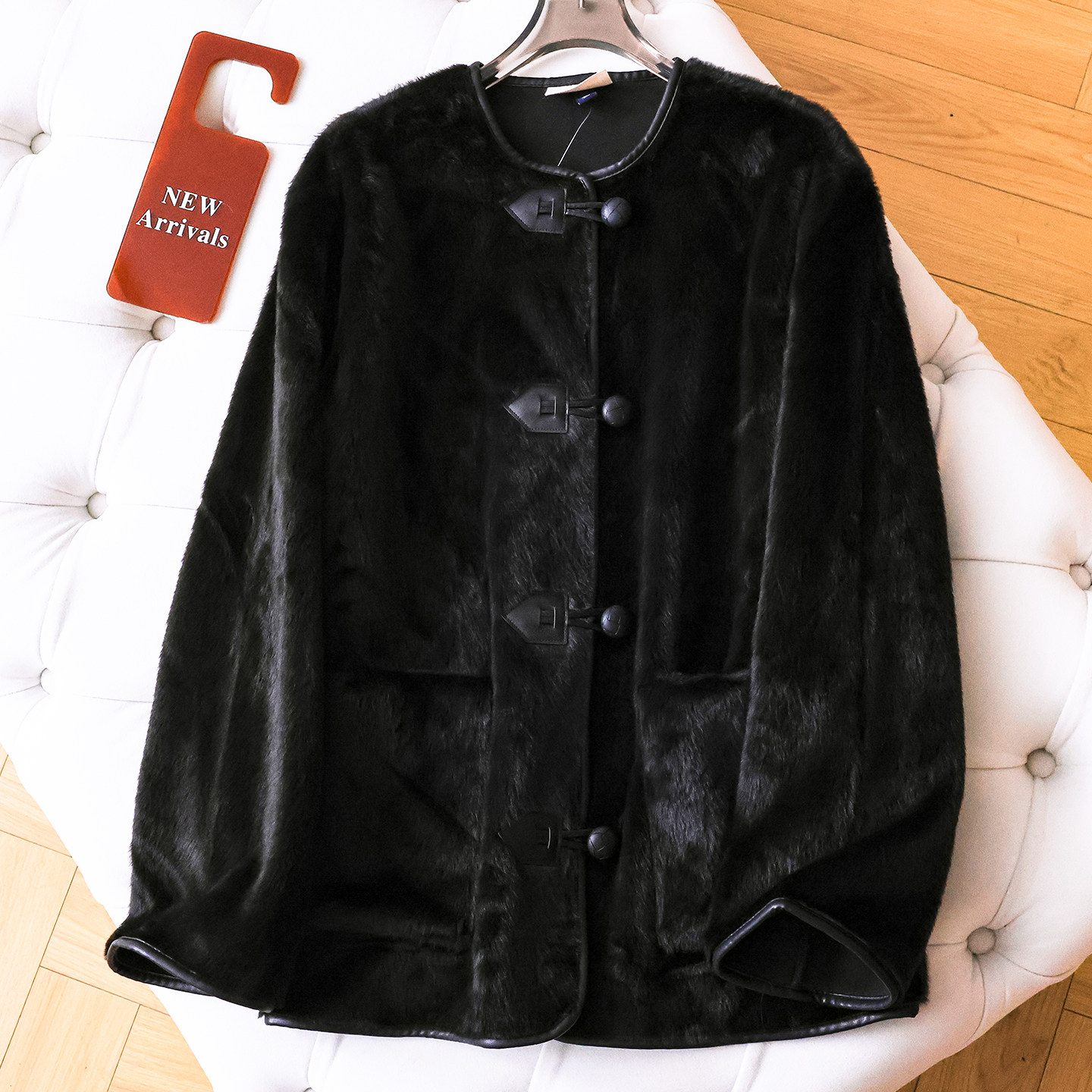 仿皮草拼皮包边宽松中长毛绒外套