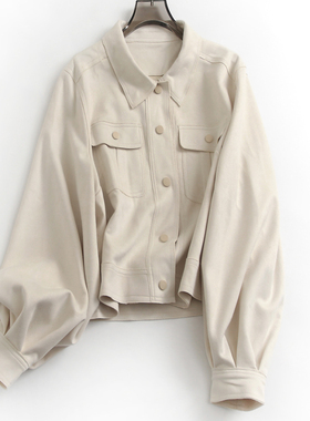 纯色麂皮绒双口袋翻领单排扣秋冬新款长袖通勤百搭女装短外套F364