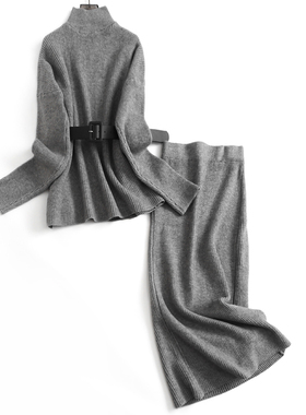 纯色系腰带显瘦宽松高领针织毛衣套装裙半身裙女舒适两件套装J508