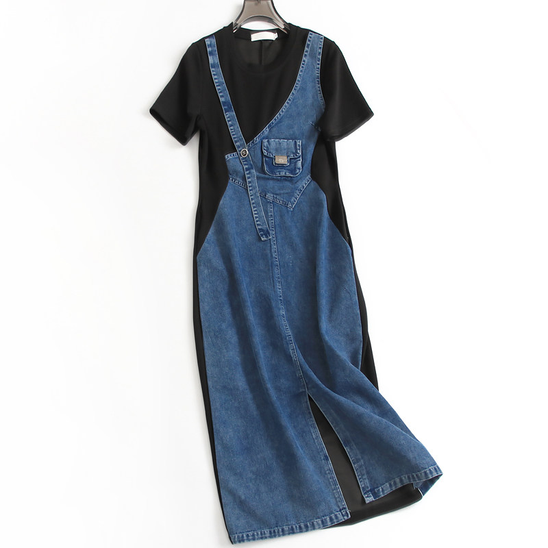 撞色拼接假两件显瘦修身开叉长裙包臀裙圆领短袖女裙子连衣裙S137