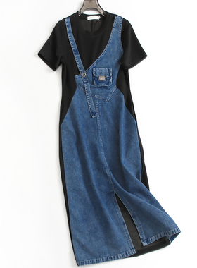 撞色拼接假两件显瘦修身开叉长裙包臀裙圆领短袖女裙子连衣裙S137