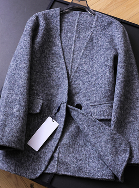 纯色宽松一粒扣V领双面呢中长款大衣冬季新款长袖女毛呢外套B774