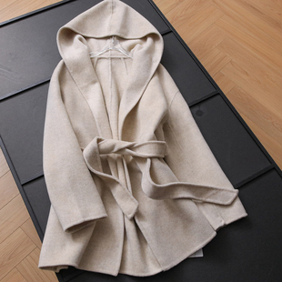 毛呢外套女B618 新款 纯色连帽无扣系带中长款 双面羊绒大衣2025冬季