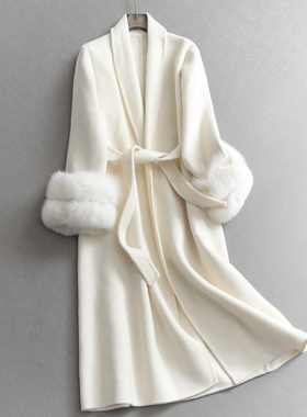 甄选可拆卸毛绒袖口纯色系腰带双面羊绒大衣长款女装毛呢外套M057