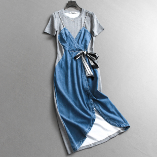 撞色拼接假两件显瘦修身 牛仔裙女连衣裙C236 开叉气质优雅圆领短袖