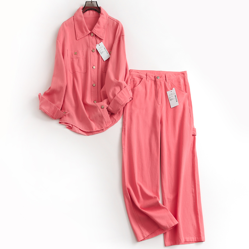 粉色宽松廓形翻领开衫上衣长袖女外套+高腰阔腿裤女可配套装M304