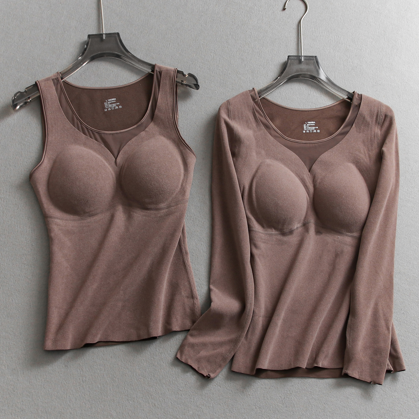 无痕德绒保暖内衣带胸垫女上衣