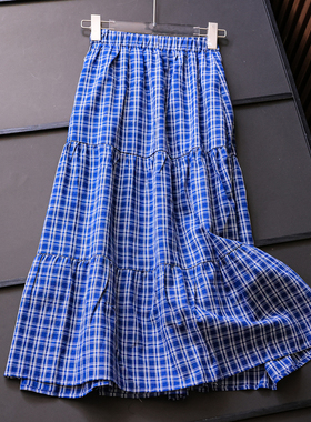 蓝色格子松紧腰显瘦a字裙拼接百搭2025夏季新款女中长半身裙Z150