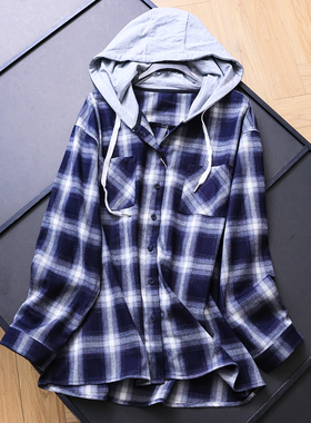 撞色格子宽松显瘦中长款连帽落肩袖25秋季新款长袖休闲女衬衫B833
