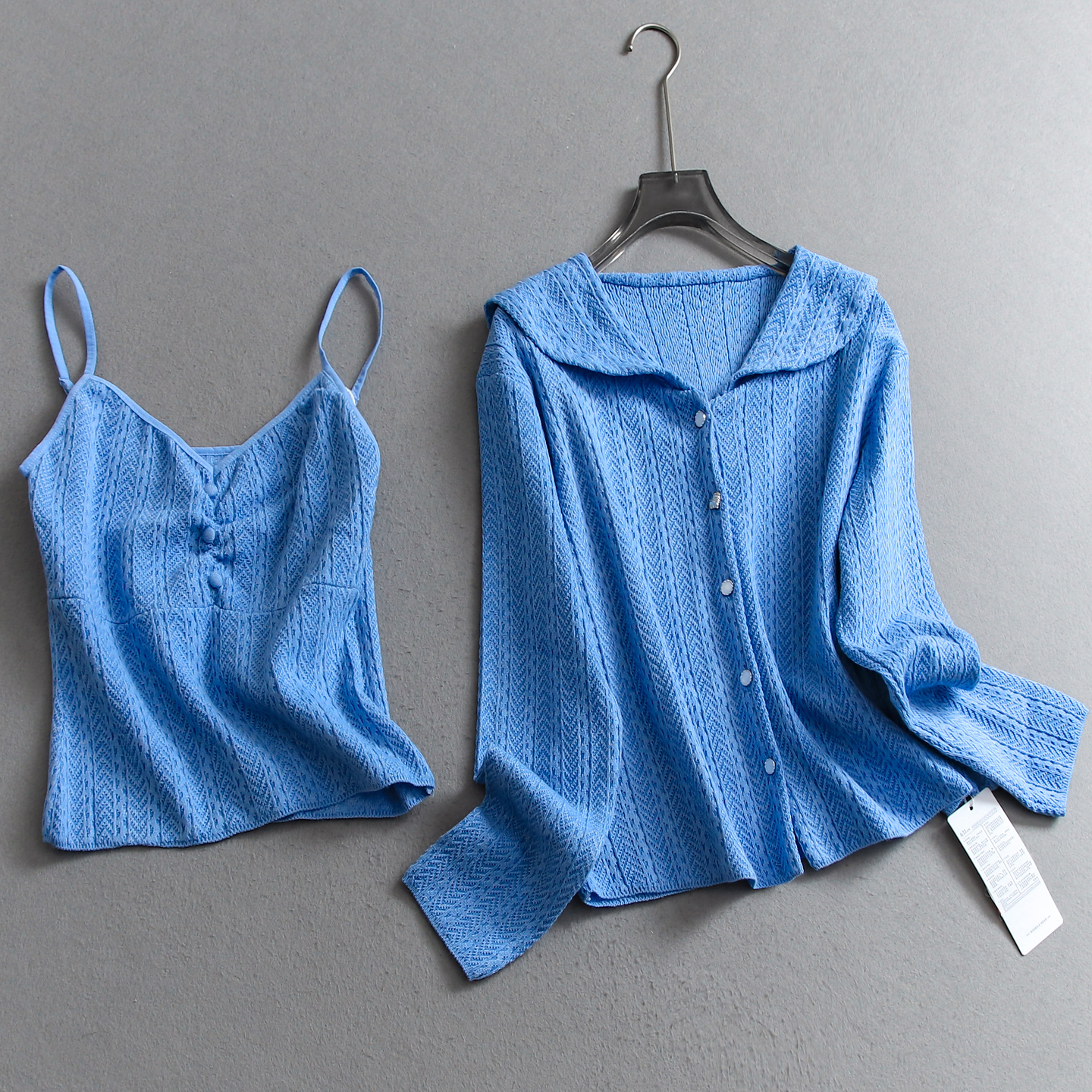 蓝色海军领吊带两件套女针织衫