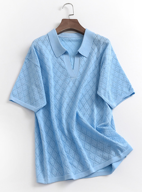 L317镂空菱形短袖女2023夏季宽松打底针织半袖POLO领套头韩版上衣