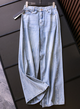 蓝色复古磨白高腰宽松显瘦磨破直筒裤通勤百搭阔腿裤女牛仔裤Z799