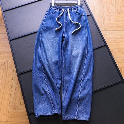 加绒加厚蓝色抽绳松紧腰牛仔裤女