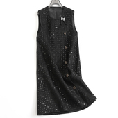 黑色雪尼尔亮片蝴蝶结饰圆领无袖 背心裙小香风短裙外搭连衣裙H915
