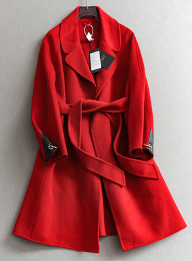 红色拼皮可调节袖口系腰带纯色双面呢长款羊毛大衣毛呢外套女M705
