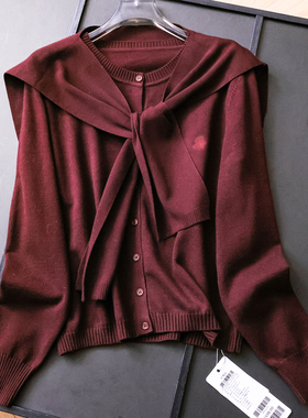 系带披肩复古酒红羊毛混纺长袖毛衣25冬季新款针织衫两件套女N779