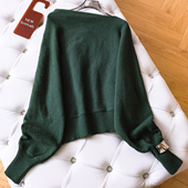 饰斜肩一字领蝙蝠袖 宽松套头针织衫 长袖 可拆卸金属装 女装 毛衣Q375