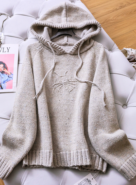 手工猫咪绣花宽松慵懒连帽套头毛衣冬季新款长袖减龄女针织衫M592