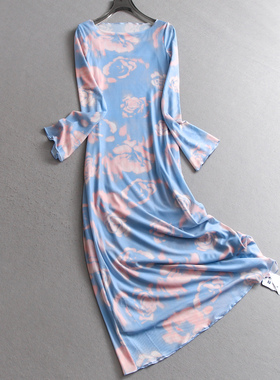 复古晕染玫瑰印花显瘦修身2025秋新款荷叶长袖鱼尾长裙连衣裙V306