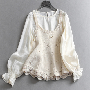 减龄女衬衫 长袖 B140 新款 甜美俏皮镂空针织背心叠穿两件套2025秋季
